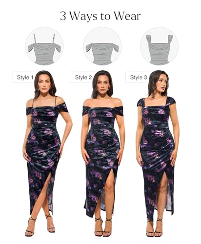 Image of Popilush Wedding Guest Dresses for Women Off Shoulder Shapewear Maxi | Multi-Way Wear, Built in Bra, Light Tummy Control, Ruched Satin Formal Cocktail Evening Bridesmaid Dress