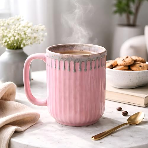 Handmade Ceramic Coffee Mug, Drip Glaze Design, Vertical Ridged Design, 220ml, Microwave & Dishwasher Safe Ideal for Coffee, Tea & Hot Beverages (Pink)