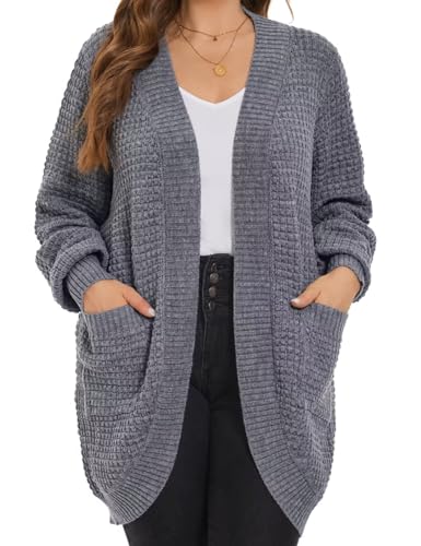 Image of MONNURO Womens Plus Size Open Front Cardigan Waffle Knit Long Sleeve Sweaters Tops Fall Coat Outerwear with Pockets