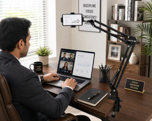 Image of Adjustable Overhead Mobile Holder Stand for Smartphones & Tablets, Metal Arm with 360 Rotation, Anti-Slip Clamp, Flexible Desk Mount for Video Recording, Live Online Classes & Video Calls