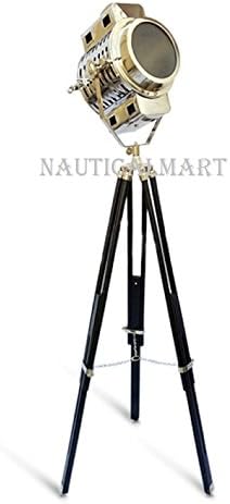 Nauticamart Marine Vintage Chrome Search Light Wooden Tripod Floor Lamp