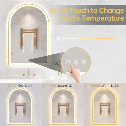 Image of 24 inchx36 inch Arched LED Mirror for Bathroom, Brushed Gold Lighted Bathroom Mirror with Lights, Fogless, Dimmable, Shatterproof, Touch Sensor, 3 Color Changing