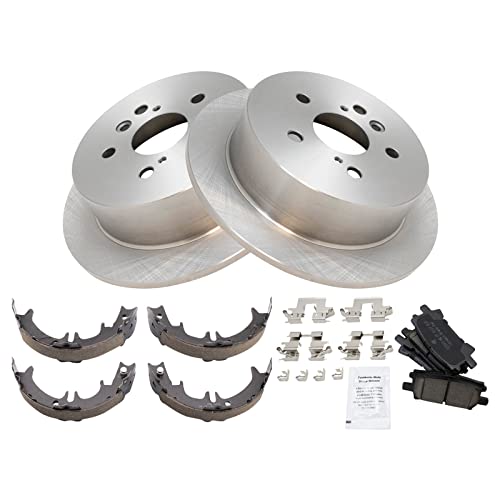 Image of TRQ Rear Brake Pad and Rotor Set Ceramic Parking Shoe Compatible with 2004-2006 Lexus RX330 2007-2009 RX350 2006-2008 RX400h 2004-2007 Toyota Highlander