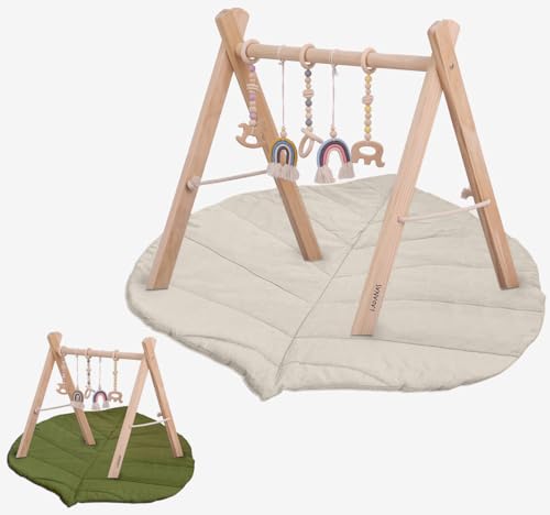 Ladanas Spielbogen Baby aus Holz inkl. 5 Spielzeugen & doppelseitiger Spielmatte Stabiler & Klappbares Spieltrapez