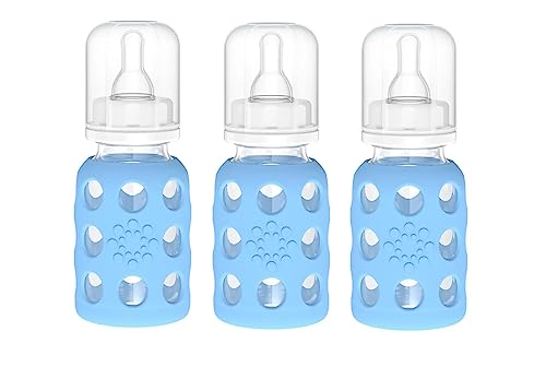 Image of Lifefactory Glass Baby Bottle BPA Free | Protective Silicone Sleeve | 4 oz Pack of 3 | Sky Blue