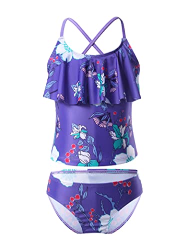 Daenrui Kids Girls 2 Piece Tropical Print Tankini Sets Bathing Suit Spaghetti Strap Ruffles Hawaii Swimsuit Purple 12 Years
