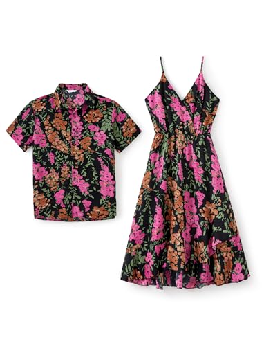 PATPAT Couples Hawaiian Matching Outfits - Him and Hers Men and Women Matching Summer Set Tropical Floral Short Sleeve Shirt Caribbean Cruise Polo Shirts Vacation Pink Orange Flower Men L