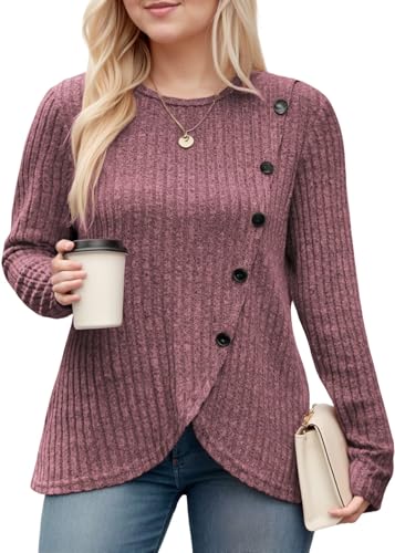 DOLNINE Womens-Plus-Size-Tops Casual Long Sleeve Shirts Trendy Button Side Split Fall Cute Tunic Sweatshirts XL-5XL