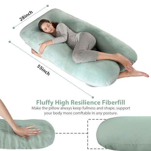 Image of Amagoing 55 inches Pregnancy Pillows for Sleeping, U Shaped Maternity Full Body Pillow for Pregnant Women with Hip, Leg, Back, Belly Support, Washable Velvet Cover Included (Mint Green)