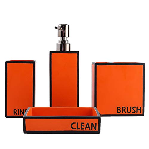 Hymmah Bathroom Accessories Set,Toothbrush Holder,Farmhouse Bathroom Decor,4 Pcs Resin Gift Set Apartment Necessities, Contain Toothbrush Cup,Soap Dispenser,Soap Dish,Tumbler Orange