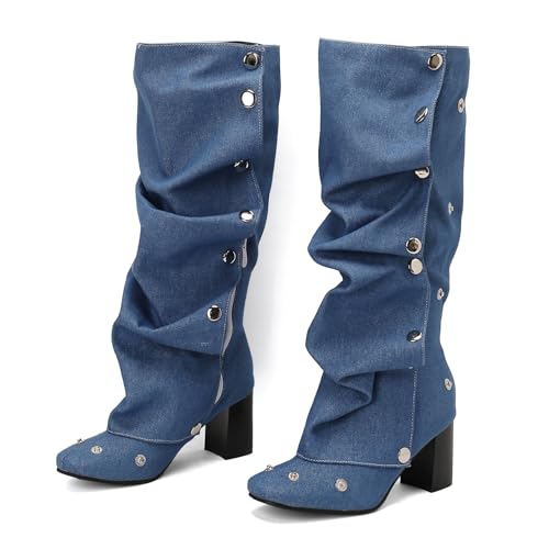 BEAUPAS Women's Button Knee High Boots Denim Riding Boots Slouchy Boots Chunky Heels Fold Over Block Heeled Tall Boots Round Toe Shoes3