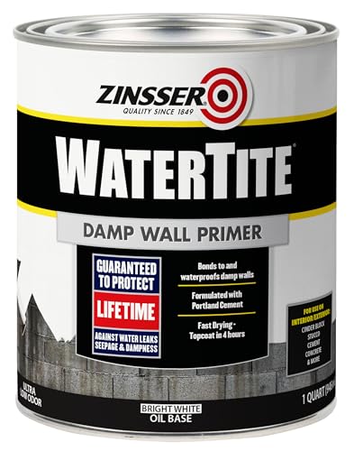 Zinsser 396242 WaterTite Damp Wall Primer | Direct Use On Damp Concrete Walls | Protection Against Water Leaks, Seepage and Dampness | Quart | White