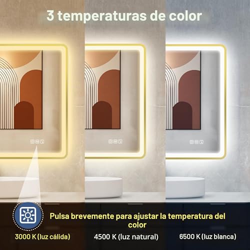 Miniatura 5 de Starlead 100x70cm Dorado Espejo-Baño-Con-Luz Y Bluetooth, Antivaho, Regulable, 3 Colores Luz, Función Memoria, Ip44 Vidrio Templado Espejo-Led-Baño, Horizontal Vertical, Marco No Metálico
