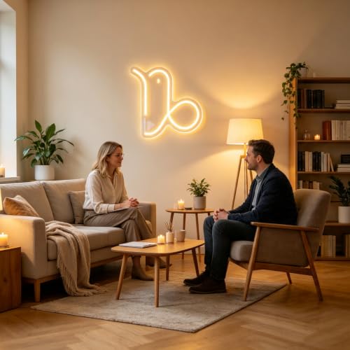 Neonowe światła LED Koziorożec, ściemniane, zasilane przez USB, sztuka ścienna, horoskop zodiaku, dekoracyjne lampy do dekoracji ścian, Koziorożec, znaki LED, do pokoju gier, salonu (śr. 26 cm x szer
