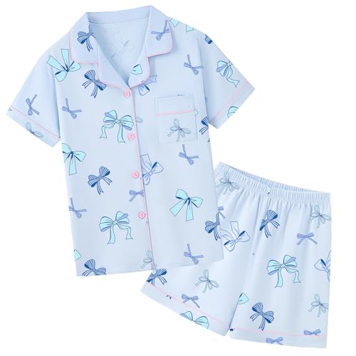 Schbbbta Pajamas for Kids Cute 2 Pcs Cotton Sleepover PJS Soft Comfort Stretch Homewear Pjs for Big Little Girls Bow Blue 9-10 Years = Tag 150