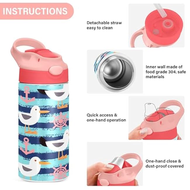 Kigai Seagulls Stripes Kids Water Bottle with Straw Lid for Girls Boys, Insulated Stainless Steel Water Bottles with Straw Lid for School Travel Camping Hiking, 12oz