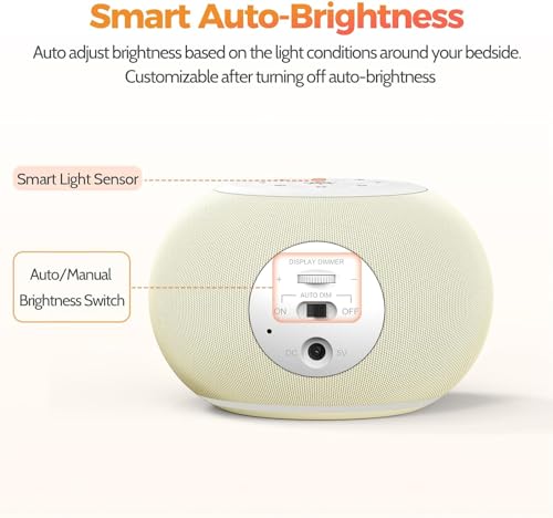 Reacher Auto-Dimmable Alarm Clock White Noise Machine with Night Light, 20 Soothing Sounds, Sleep Timer, Fabric LED Display, Precise Volume Control, Small Sound Machine for Nursery, Baby - Image 4