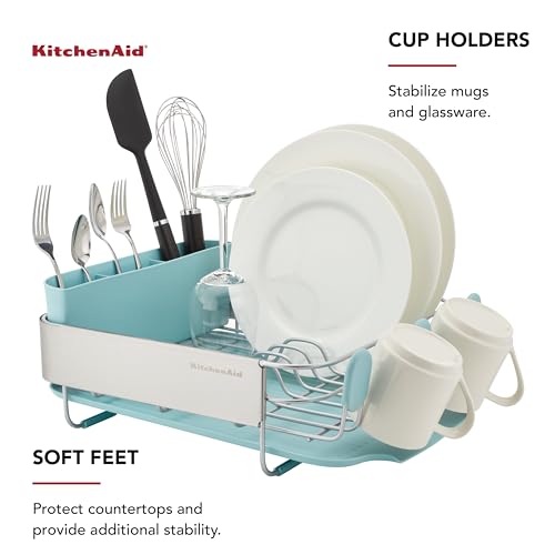 Image of KitchenAid Compact Space Saving Rust Resistant Dish Rack with Removable Flatware Caddy and Angled Self Draining Drainboard, 12.63 x 15.87 x 5.54 Inch, Mineral Water