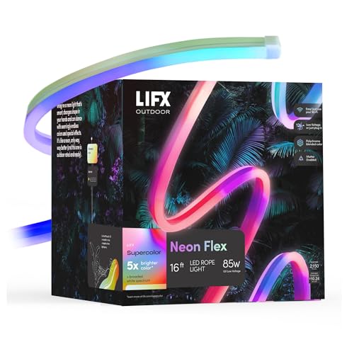 Image of LIFX Supercolor Neon Flex Outdoor Smart Rope Light, 16ft RGBW LED Strip with Polychrome Technology, 60 Addressable Zones, Bendable Silicone, Wi-Fi, Works with Alexa, Google, HomeKit, LFXNEON16 /WP