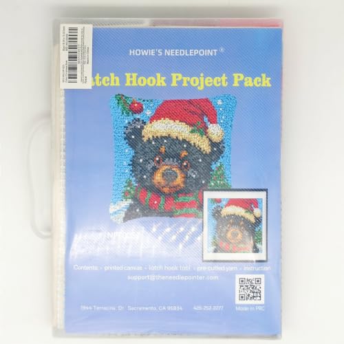 Image of Howie's Latch Hook Kit, DIY Christmas Bear Pillow Crochet Yarn Kits for Adults, Color Preprinted Pattern Embroidery Sofa Cushion Cover (Christmas Bear, 16.93 x 16.93 inch)
