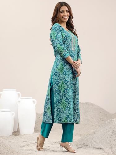 Image of Libas Blue Printed Viscose Straight Kurta set for Women | daily wear suit
