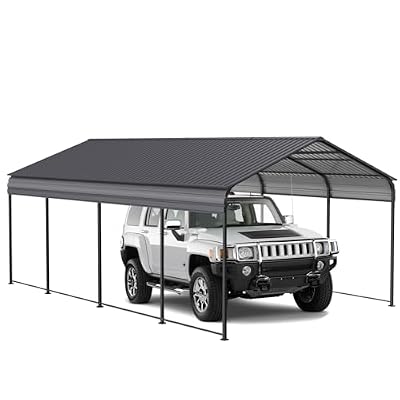 12x20 Ft Metal Carport, Heavy Duty Car Port with Galvanized Steel Roof, Outdoor Car Garage, Large Carport Canopy, Steel Car Shelter with Enhanced Base for Car, Boats and Truck, Gray