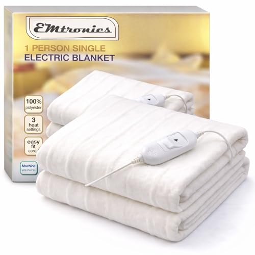EMtronics Heated Electric Under Blanket Bed Warmer with 3 Heat Settings Overheat Protection Machine Washable - Single Size 135cm x 65cm
