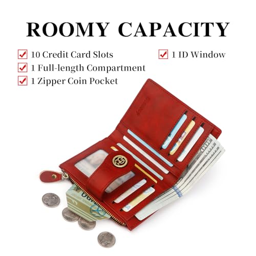 Image of Leather Wallet Women,RFID Blocking Small Wallet for Women Bifold Compact Slim Wallet Card Holder With Zipper Coin Pocket(Red)