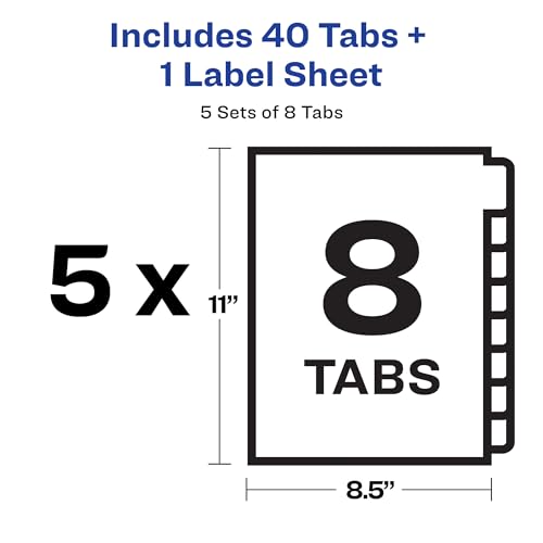 Avery 11422 8 Tab Dividers For 3 Ring Binder, Easy Print & Apply Clear Label Strip For Copiers, Index Maker Customizable White Tabs, 5 Sets thumb #5