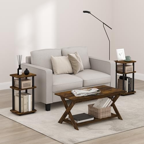 Image of Furinno JUST 3-Tier Telephone Table Set of 2, Turn-N-Tube Toolless Side Table with Open Shelf, Round Curve Corner Night Stand, Bedside Table, for Living Room, Bedroom, Amber Pine