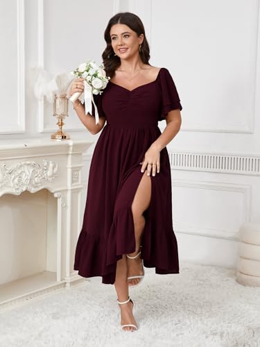 SCOMCHIC Womens Plus Size Wedding Guest Cocktail Dresses Sweetheart Neckline Short Sleeve Smocked Ruffle Slit Maxi Dress4