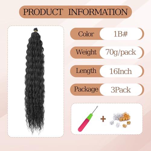 TAOYEMY Deep Wave Crochet Curly Braiding Hair 16 Inch 3 Packs Ocean Wave Crochet Hair Extensions Synthetic Curly Crochet Hair For Women (1B - Image 2