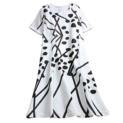 Kingwo Shirt Dress,Women Summer Casual Loose Sundress Solid Color Short Sleeve V Neck Print Dress Plus Size Baggy Party Beach Long Dress (XXL-UK:18, White)