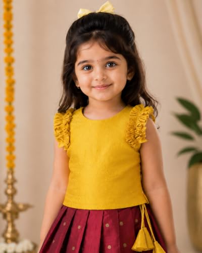 Image of Stanwells Kids Maroon & Yellow Combo Baby Girls Silk Lehenga Choli | Traditional Party Perfect & Festive Dress | Ethnic Outfit for Your Little Princess (6 Months-7 Years)