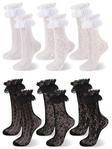 6 Pairs Womens Lace Ankle Socks Ruffle Frilly Sock Mesh Lace Trim Sock for Women Princess Accessories