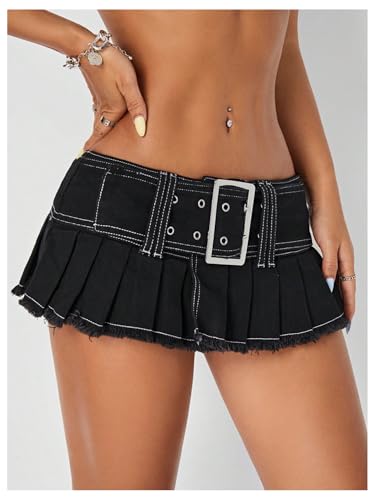 Floerns Women's Y2k Pleated Skirt Belt Low Waist Raw Hem Hippie Mini Denim Skirt3