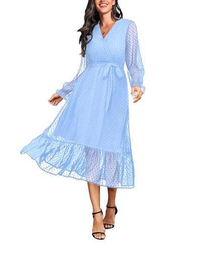 Image of Women's Fall Long Sleeve Spring Dress Wrap V Neck Swiss Dot Casual A-Line Midi Dresses with Belt