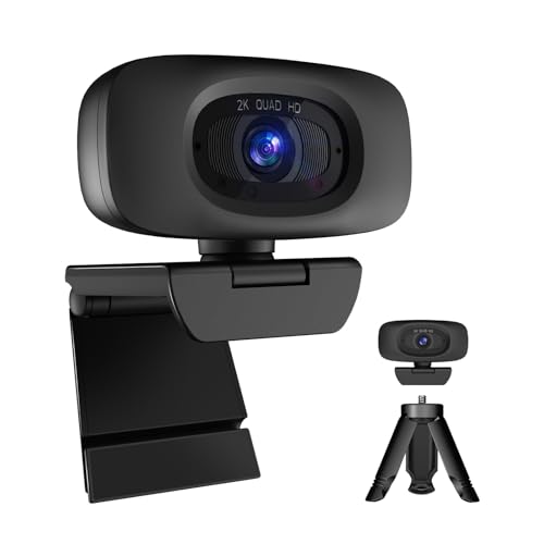 Webcam for PC,Full HD 2K Webcam with Dual Noise Cancelling Microphones, Privacy Cover and Tripod for Web Auto Focus,Camera for Desktop Computer/Zoom/Skype/Team/Laptop