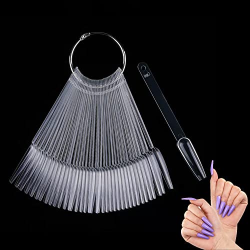 FATUXZ 50 Pcs Clear Nail Swatch Sticks with Ring,Fan Shape Nail Art Polish Display Tips,Nail Art Practice Templates,for Nail Display Practice Home DIY Polish Board - Clear