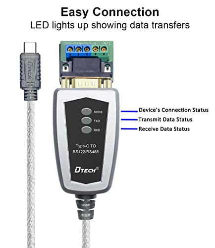 Image of DTech FTDI USB to Serial Adapter RS485 RS422 to USB C Cable with Breakout Board LED Indicators RS-422 RS-485 Cable Converter Supports Windows 11 10 8 7 XP Mac (6 Feet)
