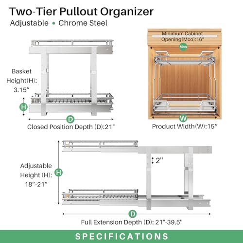 Image of Pull out Cabinet Organizer, 2 Tiers 15 inchW X 21 inchD, Heavy Duty Smooth Sliding Under Cabinet Shelves for Pots and Pans, Full-Extension Roll out Drawers, Slide out Organization for Home Kitchen Pantry