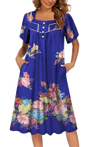 Image of Ekouaer Women's House Dress with Pocket Button Mumus | Short Sleeve Nightgown, Floral Print Mumu Dresses, Square Casual Sleepwear, Boho Roomy Housecoat, Plus Size Soft Sleepwear