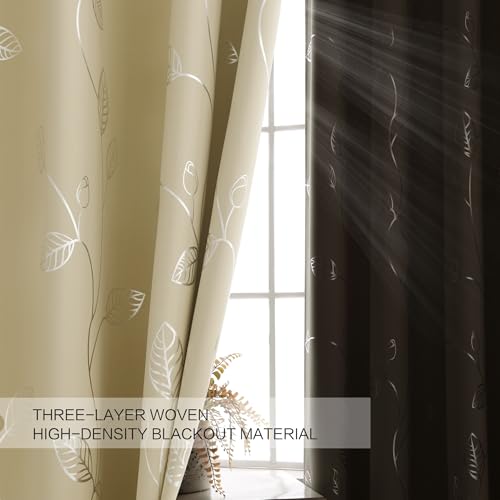 BUHUA Wave Silver Leaf Print Blackout Curtains for Living Room Darkening Curtains Light Blocking Curtains for Bedroom 66W×63L Beige 2 Panels by BUHUA - Image 6