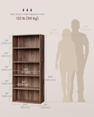 Image of VASAGLE CUSTOS Collection - Bookshelf, 5-Tier Bookcase, Book Shelf, Open Storage Shelf, 9.4 x 23.6 x 52.8 Inches, for Living Room, Home Office, Dinning Room, Natural Walnut ULBC165K01