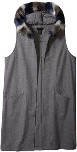 Steve Madden Women's Texttured Woven Long Midi Vest with Faux Fur Hood, heather grey, M/L