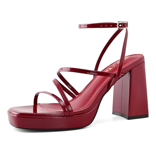Image of Shoe'N Tale Platform Heels for Women Strappy Block Chunky Heels Square Toe Ankle Buckle Sandals