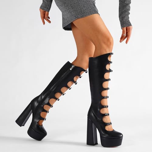 FancyQueen Gothic Boots for Women Knee High Chunky Platform Boots Black Lolita Buckle Block Heels Punk Combat Mid Calf Shoes3