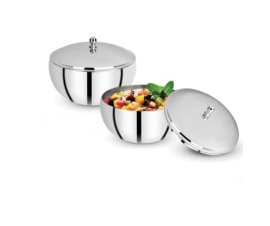 fivanaa Crista Steel Bowl Set, Serving Bowl with Lid Set of 2 pcs | Salad, Fruit, Desert, Dryfruits Bowls | Matt Finish, Food Grade | Silver|600ml APX Capacity Each