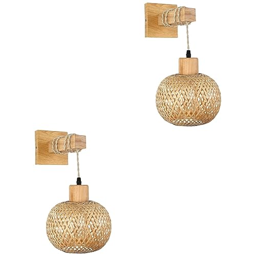 Juego de 2 apliques de pared de farol japonés, luces de pared para interiores para armario de escalera y decoración de pared rústica, accesorio de iluminación de pared de mimbre tejido