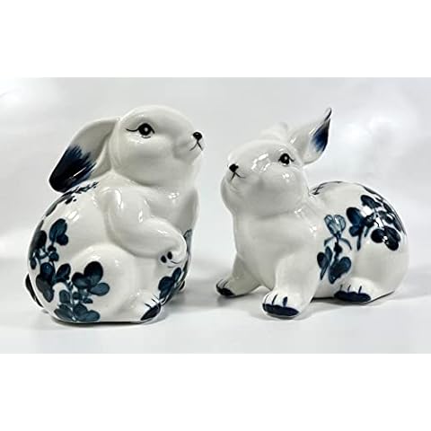 SMRTHMRT Exquisite Ceramic Arts,Blue and White Ceramic handicrafts,Lovely Rabbits Figurines and Sculptures Tabletop Decorations (A Pair) Cover